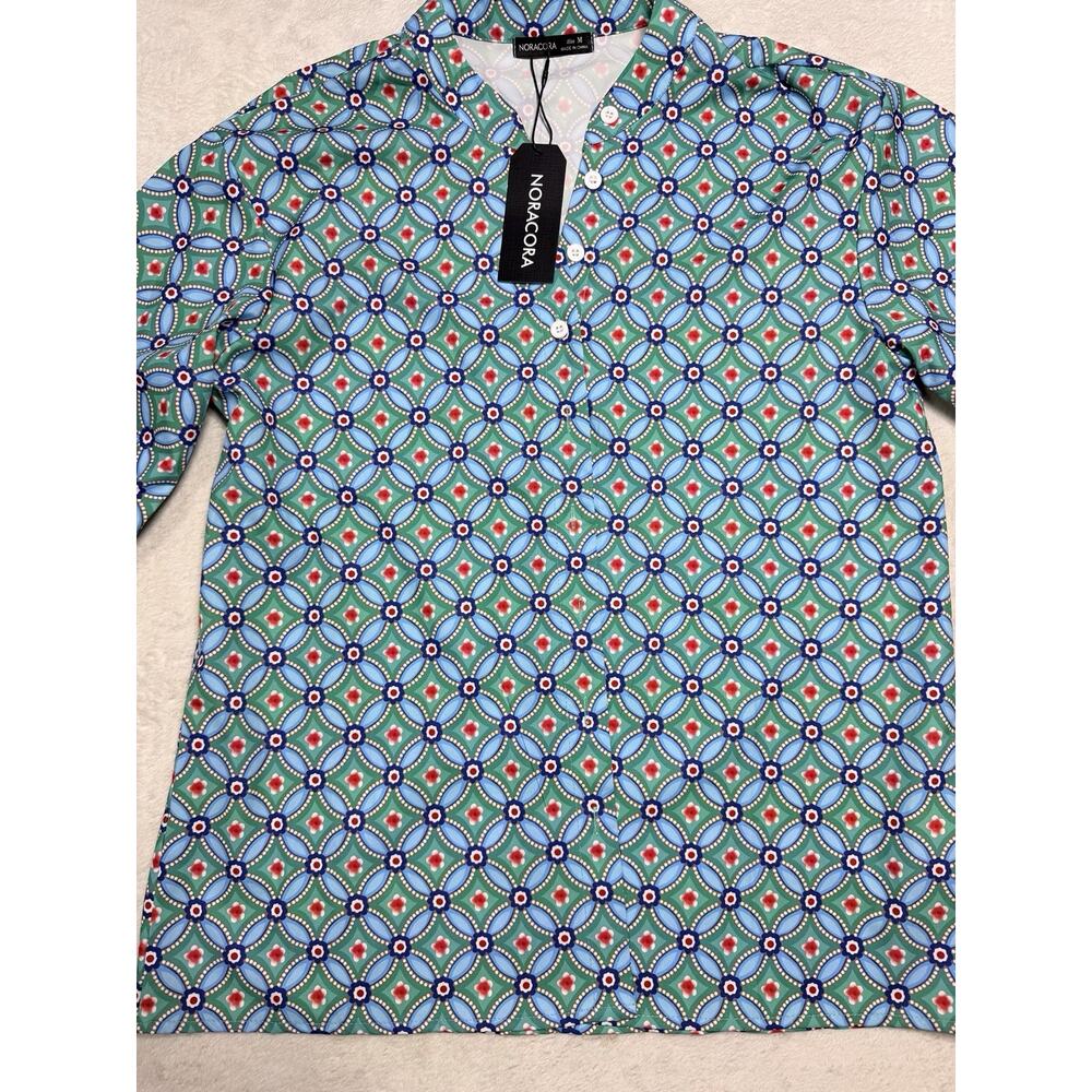 NWT Noracora Resortwear Blouse Teal Blue Geometric Top Shirt Blouse Sz Med